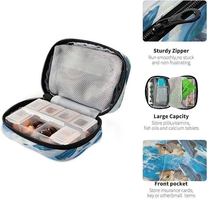 Squirrels Blue Surf Fish Summer Travel Pill Organizer Case Box Container Weekly Portable Vitamin Medicine Holder Storage Bag with Zipper Removable