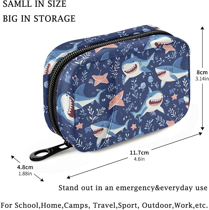 Fustylead Cute Cartoon Sharks and Seaweed Travel Pill Organizer Case Zipper for Purse with Removable Weekly Pill Box for Medicine, Vitamin, Supplement Medicine Organizer