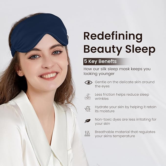 THXSILK Sleep Mask 100% 25 Momme Pure Mulberry Silk Super Smooth Cooling Sleep Eye Mask Blackout for Women/Man/Kids, Eye Cover with Wide Head Strap for Good Night Sleep, Navy Blue