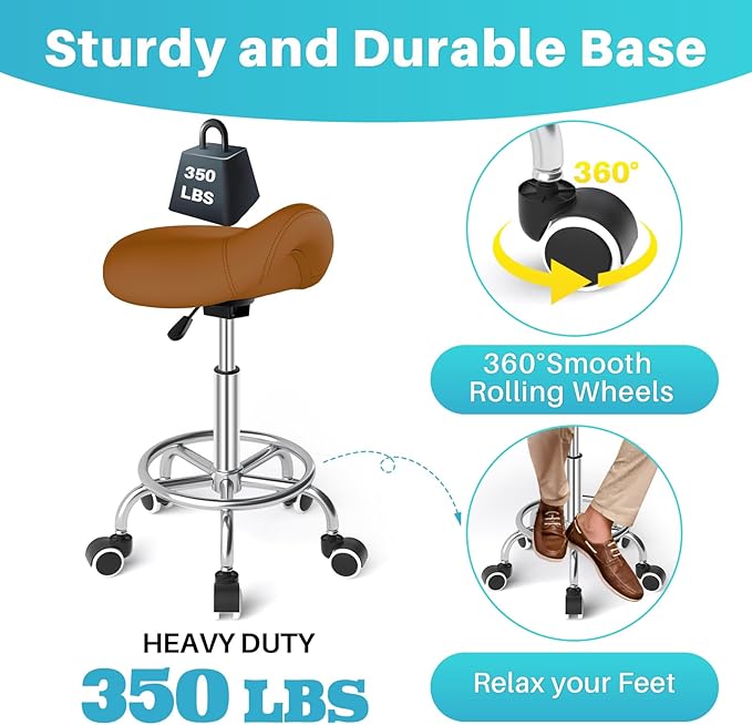 YEEZEE Saddle Stool Ergonomic- Comfortable Rolling Saddle Stool with Wide Thick Saddle Seat Padding, Swivel Adjustable Saddle Chair with Wheels and Ring Pedal for Medical Massage Salon (Brown)