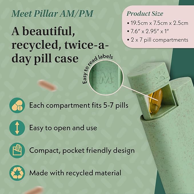 Pillar AM/PM Pill Box Organizer Two Times a Day | Aesthetic 7 Day Tablet Organizer 2 Times A Day | Beautiful Weekly Pill Box for Day and Night Medication (Slate Grey)