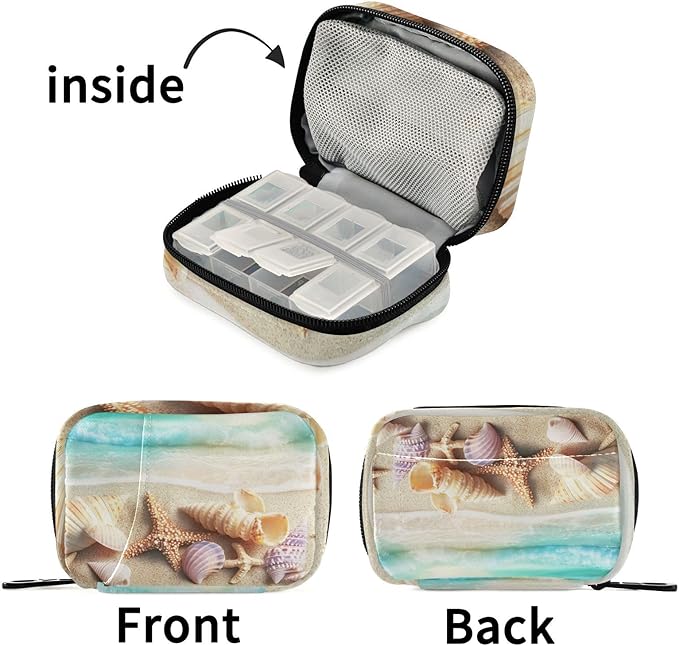 Travel Pill Case Seashells on A Summer Beach and Sand Weekly Small Pill Box 7 Day Pill Box Pill Organizer Bag