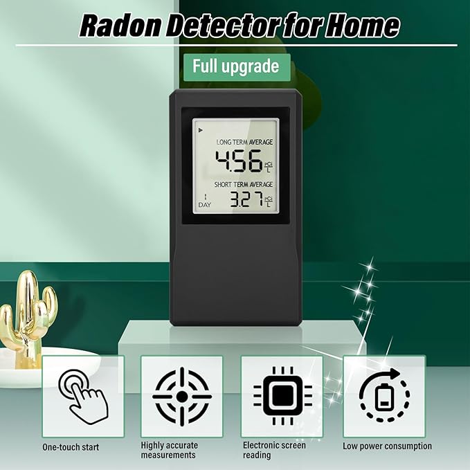 Radon Detector for Home, Allows Short and Long Term Monitoring of Radon Levels in The Air, Dual use for Hanging and Tabletop Placement, US Version-Pci/L,Radon Detector,Home Radon (Black)