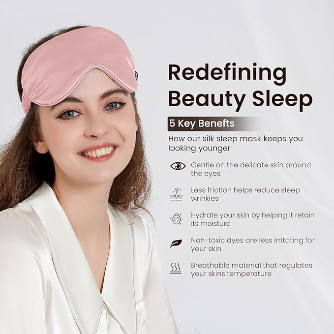 THXSILK Sleep Mask 100% 25 Momme Pure Mulberry Silk Super Smooth Cooling Sleep Eye Mask Blackout for Women/Man/Kids, Eye Cover with Wide Head Strap for Good Night Sleep, Charming Pink