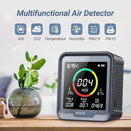 INKBIRDPLUS 6-in-1 Indoor Air Quality Monitor, Detects CO2, PM2.5, PM10, AQI, Temperature and Humidity with Alarm, for Rooms, Cellars, Grow Tents, Offices, etc. (PTH-9A)