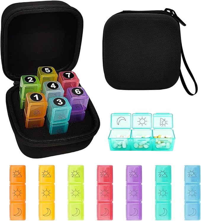 Weekly Pill Organizer, 7-Day Medicine Box with Hard Shell Case, 3 Times Daily Dosage Schedule, Plastic Rectangular Design, Includes Pill Cutter and Weekly Stickers,Black
