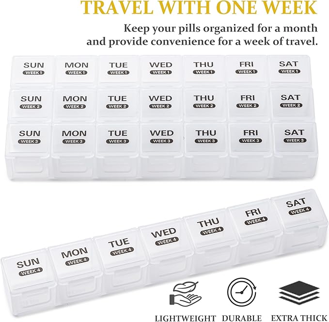 Monthly Pill Organizer, 28 Day Pill Box 1 Time a Day with Dust-Proof Case, Large 4 Weeks a Month Pill Case Container, Daily Vitamin Case Box for Pills/Medicine/Fish Oil/Supplements（White）