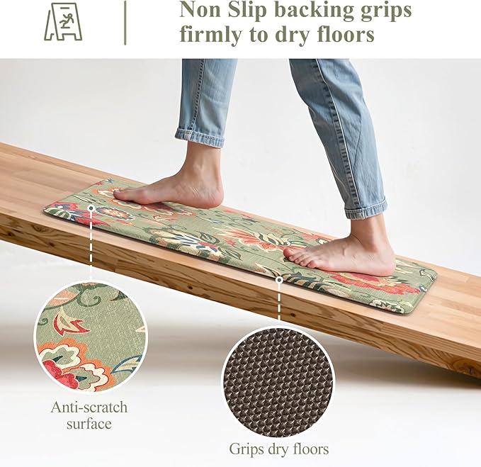 LEEVAN Anti Fatigue Mats for Kitchen Floor 2 Piece,Cushioned Memory Foam Green Kitchen Mats for Floor,Comfort Floral Boho Non Slip Kitchen Floor Mat for Sink,Laundry,Office(17''x29''+17''x47'')