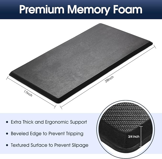 Kitchen Mat Cushioned Anti Fatigue, 0.75" Waterproof,Non Slip Kitchen Rugs, Memory Foam Comfort Mat for Standing at Home,Office,Sink,Laundry(17"x31" Black)