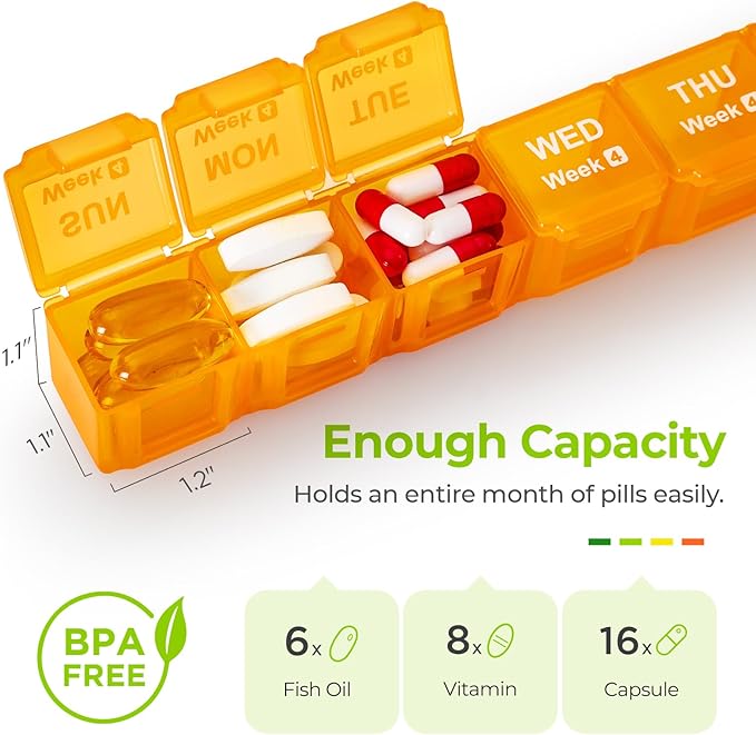 AUVON Moisture-Proof Monthly Pill Organizer, Large 28 Days Pill Box Case with Removable 4 Weeks Medication Organizer Rows, Travel-Friendly to Store Fish Oils, Vitamins, Supplements, Medications