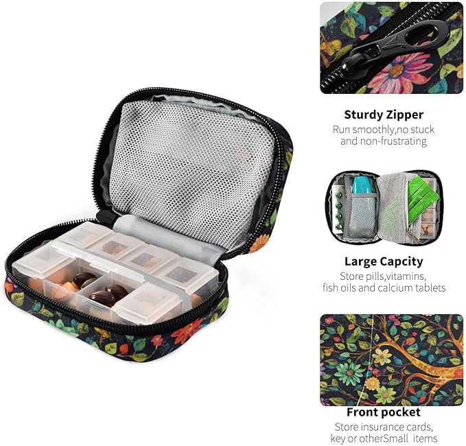 Tree of Life Flower Cute Pill Organizer Weekly Travel Pill Box 7 Day Large Capacity Pill Dispenser Case with 8 Pill Container Daily Pill Box Organizer Vitamin Holder Pill Bottle Organi