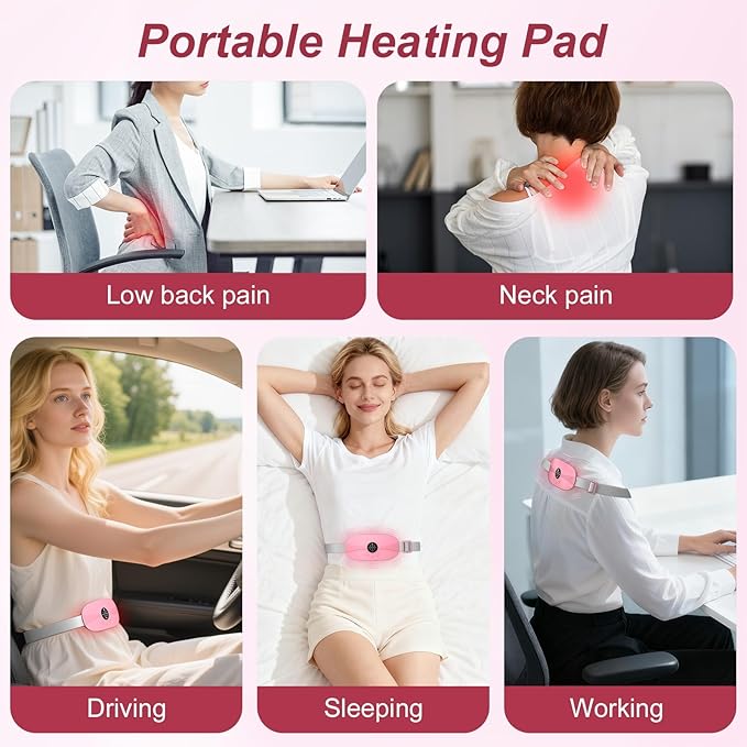 Portable Heating Pad, 5s Fast Heating, 3 Heat Levels and 3 Massage Modes, Heating Pad for Period Cramps for Women and Girls(Pink)
