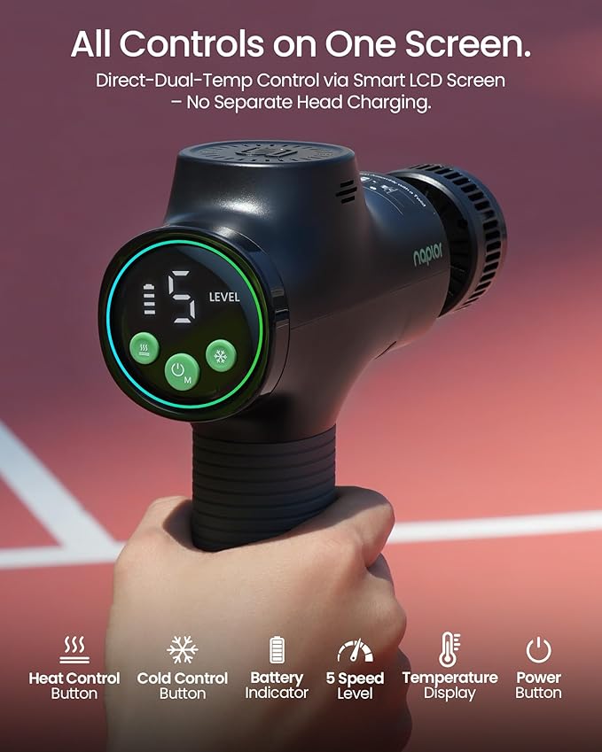 Muscle Massage Gun with Heat and Cold - Deep Tissue Percussion Massager for Muscle Recovery, Pain Relief & Relaxation, Quiet Powerful, Smart LED Display, Ergonomic Grip with Carrying Case