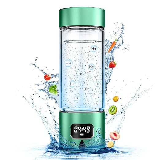 Hydrogen Water Bottle - Portable Rechargeable Water Bottle with LED Timer, Aluminum and Glass, 5000 PPB Hydrogen Production, Gift for Husband Wife Father Friend Client (Green, 11.6Oz)