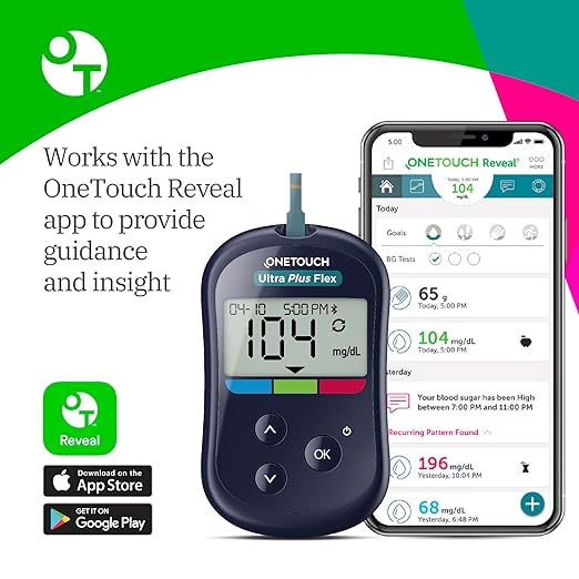 OneTouch Ultra Plus Flex Bonus Kit - Includes Ultra Plus Flex Blood Glucose Meter, 10 Lancets, Lancing Device & Carrying Pouch - Diabetes Care Supplies