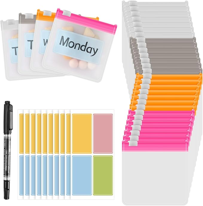 MARFOREVER 39 Pcs Pill Pouch Bags - Pill Pouches Small Medicine Bags Travel Pill Organizer Reusable Translucent Self Sealing 28 Pcs Plastic Pill with Slide Lock 10 Sheets Labels and 1 Pc Marker