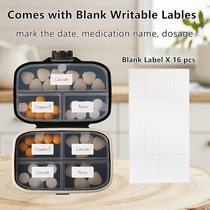 Weekly Pill Organizer, 7 Compartment Travel Pill Case with Rotatable Dose Recorder, Daily Waterproof Airtight Medicine Box for Vitamins & Supplements, Black Small, Black Large
