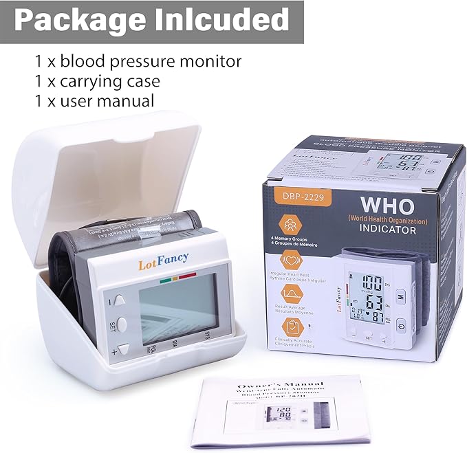 LotFancy Wrist Blood Pressure Monitor for Home Use, BP Cuff, Automatic Digital Blood Pressure Machine, BP Monitor, (5.3”-8.5”), 4 Users, 120 Memory, with Large Screen