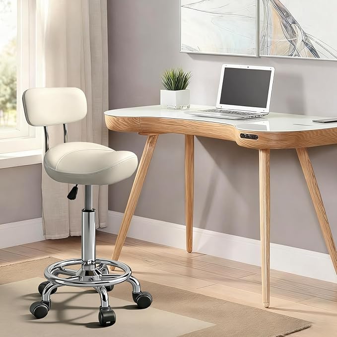 Saddle Stool with Ring Pedal and Back, Adjustable Hydraulic Rolling Chair with Wheels for Medical, Massage, Salon, Spa, Kitchen, and Drafting Use