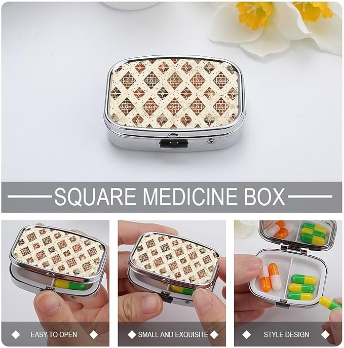 Pill Box Ivory and Brown Square Pill Case Mini Metal Travel Pillbox for Purse Small Cute 2 Compartment Medicine Pill Organizer Portable Pill Container Holder for Daily Medicine Vitamin