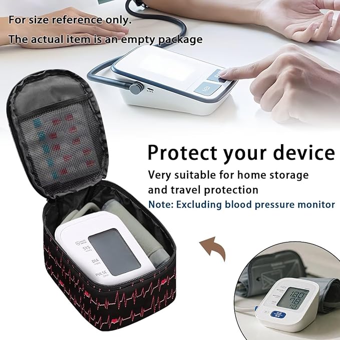 Heartbeat Print Blood Pressure Monitor Case with Mesh Pockets Portable Travel Storage Case for Blood Pressure Monitor and Accessories