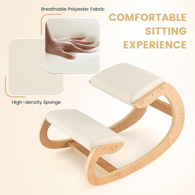 Ergonomic Kneeling Chair, Wooden Posture Chair W/Extra Padding for Back Neck Pain Relief & Improving Posture, Rocking Meditation Stool W/Knee Support for Home Office (Beige)