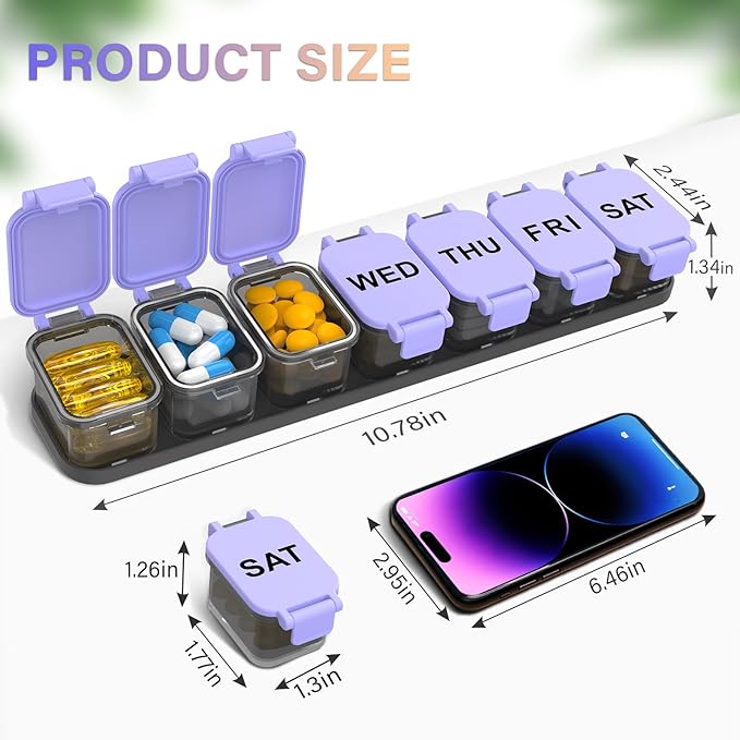 Extra Large Weekly Pill Organizer - XL Vitamin Holder with 7 Detachable Compartments, Portable Medicine Pill Organizer for Supplements, Daily Pill Case for Home and Travel,Purple