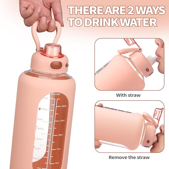 SIEROZUR 42 oz Glass Water Bottle with Straw and Handle Half Gallon Large Water Bottle with Silicone Sleeve and Time Marker Sports Water Jug Wide Mouth for Travel Gym