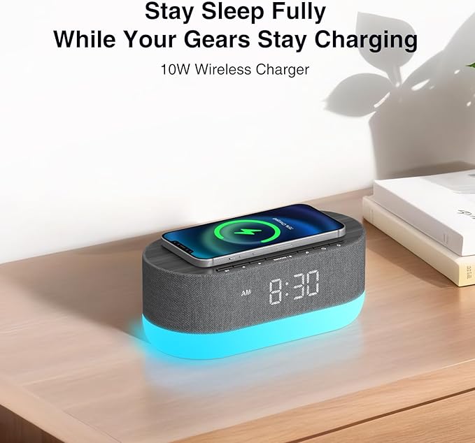 HOUSBAY Sound Machine with Alarm Clock for Bedrooms, Dual Speakers, 21 HiFi Sounds, 10W Wireless Charger, Unlimited Sound, Bluetooth, 10 Night Light, White Noise Machine for Sleeping, Black
