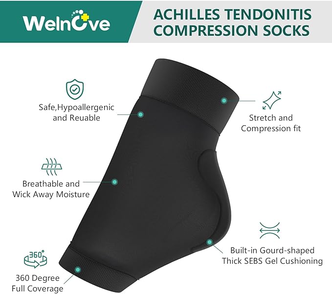 Welnove Achilles Tendonitis Heel Protector Socks - (FSA & HSA) Achilles Tendon Support Compression Socks - Gel Padded Sleeve for Cushion & Protection of Bursitis, Tenderness, Dry Cracked, Large