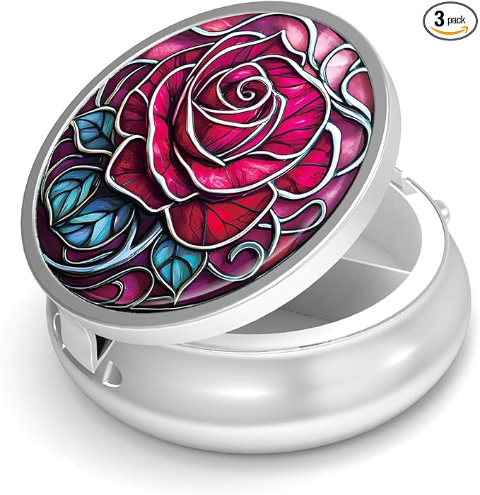 Pill Box-3 Compartment Small Pill Case for Purse & Pocket Mini Metal Pill Holder Travel Pill Container to Hold Supplements Vitamins BPA-Free (Rose)