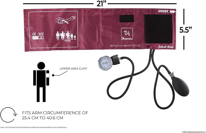 EMI Burgundy Deluxe Aneroid Sphygmomanometer Manual Blood Pressure Monitor Set with Adult Cuff and Carrying Case #217