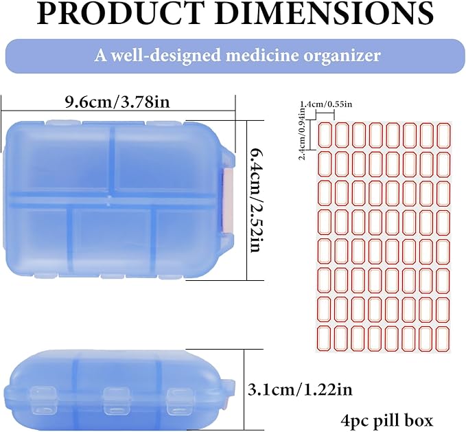 4Pack Travel Pill Organizer - 10 Compartments Pill Case with 64 Stickers, Pill Organizer 2 Times A Day, 20 Days Portable Compartments for Vitamins, Fish Oils, Supplements(Blue)