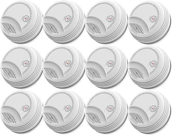 12 Pack Photoelectric Smoke Detector with 9V Battery Included Smoke Alarm, 10-Year Sensor, Test/Silence Button, Low Battery Warning, Easy Mount, Fire Alarm for Home Bedroom Living Room