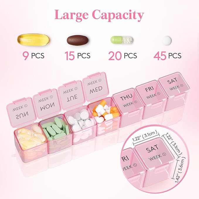 Lifewit Monthly Pill Organizer, 28 Day Pill Box, 4 Weeks One Month Vitamin Cases, Large Compartments Medicine Organizer for Fish Oils, Supplements, 28 Grids, Pink