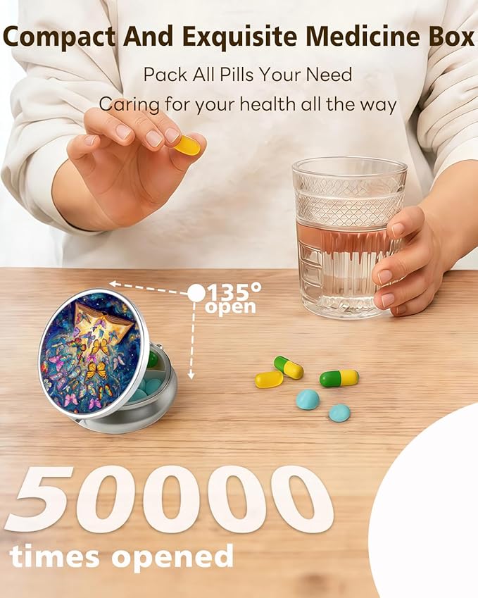 LRITER Pill Case, Portable Travel Pill Box, Pillbox Organizer, Cute Small Medicine Storage Container, Purse Accessories for Women, Men (Butterfly Book)