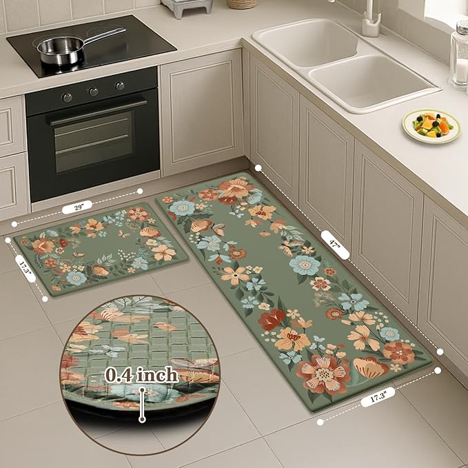 Arttown Kitchen Mats for Floor 2Pcs-Anti Fatigue Non Slip Mats for Kitchen Floor, Cushioned Waterproof & Stain-Resistant Green Plants Floral Mat Set, Laundry Room, Office, Sink, Desk (Dark Green)
