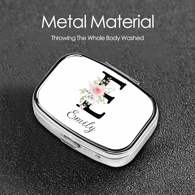 Custom Pill Box Personalized Square Small Pill Case with Mirror Add Your Photo Text Logo Name Decorative 2 Compartment Portable Metal Medicine Container Vitamin Organizer for Pocket Purse Travel (E)