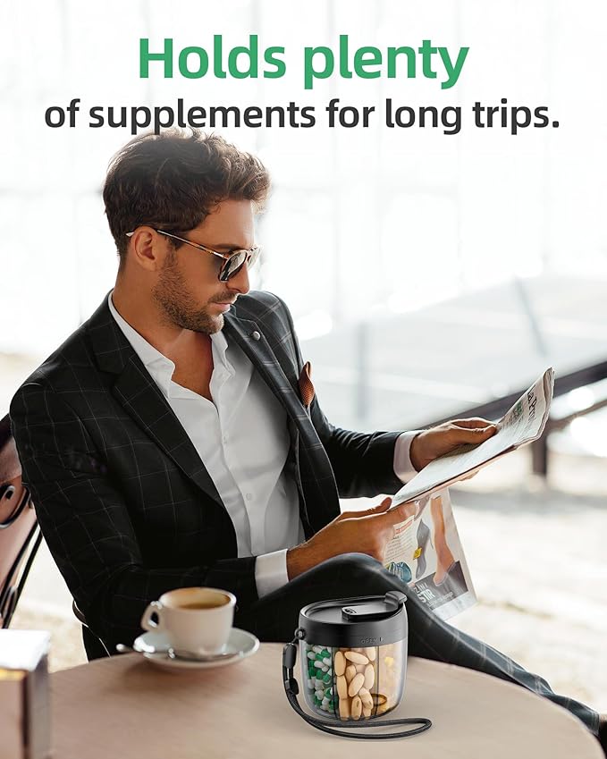 PULIV Portable Pill Dispenser Bottle, Vitamin Organizer with 7 Compartments, Holds Plenty of Supplements with Anti-Mixing & Wide Openings Design, Easy to Retrieve Meds, Includes 20 Pcs Sticky Labels
