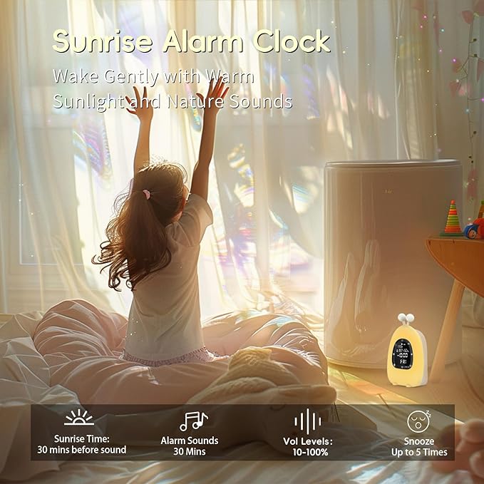 Sunrise Alarm Clock Wake Up Light, White Noise Sound Machine with 20 Soothing Sounds, 10 Night Lights, Bluetooth Speaker/Temp & Humidity/Rechargeable, Dimmable Clock Gift for Baby Kids Adults