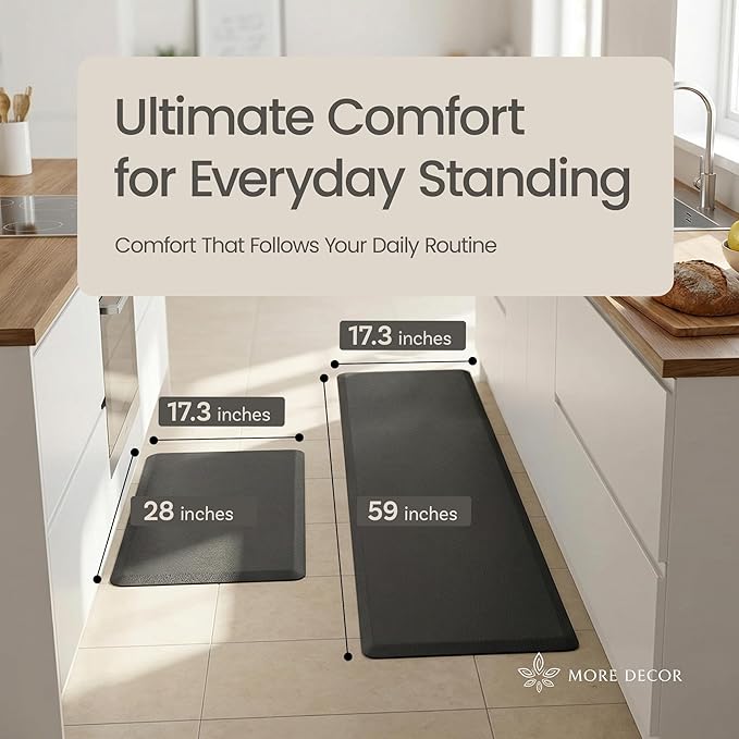 Anti Fatigue Kitchen Mats for Floor | Padded Kitchen Rugs | Non Slip, Cushioned Standing Desk Mat | Waterproof Floor Mat | 17.3" x 28" x 0.47" & 17.3" x 59" x 0.47", Black, 2-Pack | More Décor