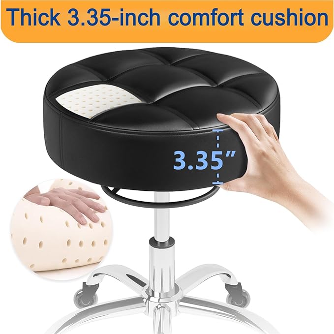 Rolling Stool Heavy Duty 400lb: Super Soft Seat Cushion,360° Swive,Height Adjustability,No Squeaky Noises,No Tip Over, New Upgraded Salon stool Chair, for Tattoo Facial Massage Spa Medical (Black)