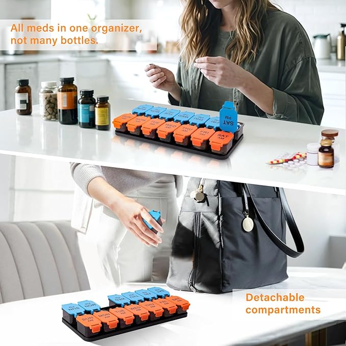 Large 7 Day Pill Organizer, XL AM PM Twice a Day Medicine Storage Box, Big 2 Week Pill Holder for Pills, Vitamins & Supplements, Travel Pill Case for Medication (Blue+Orange)