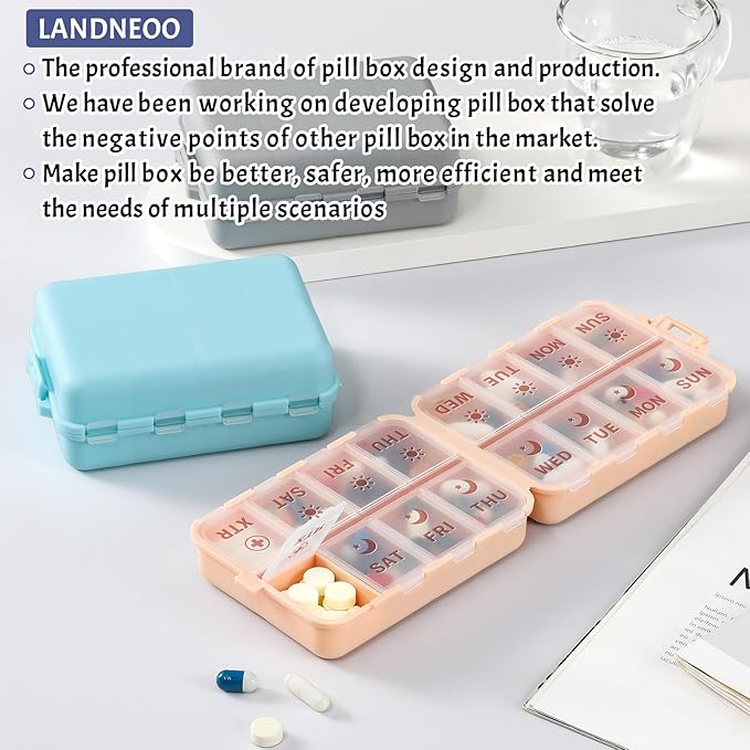 Foldable & Portable Pill Organizer 2 Times A Day with Extra Compartments - Etched Labels - Weekly 7 Day AM PM Medicine Box, Week Daily Travel Pill Case Holder Dispenser for Vitamin, Supplement - Blue