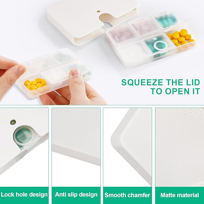Portable Pill Organizer, 6 Compartments Travel Pill Case for Purse or Pocket -Small Pillbox Dispenser Home Travel Supplement Holder to Hold Medicines, Cod Liver Oil, Supplements (3 Count White)