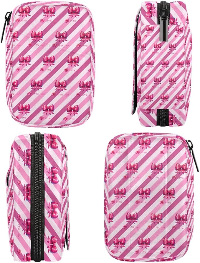 Pink Bow Diagonal Stripes Travel Pill Organizer Box Weekly Portable Pill Case Daily Pills 7 Day Small Birth Control Pills Container Removable Compartments for Medicine Vitamins Fish Oil