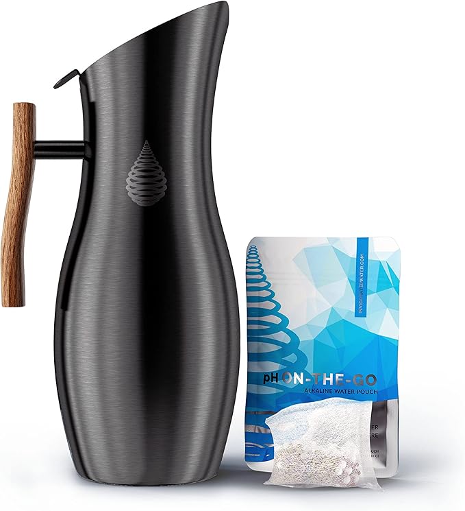 Invigorated Water pH Vitality Stainless Steel Alkaline Water Filter Pitcher - High pH Water Purifier with 1 Alkalizer Filter Pouch (400-Liter Capacity), 8-Cup (1.9L, Black)