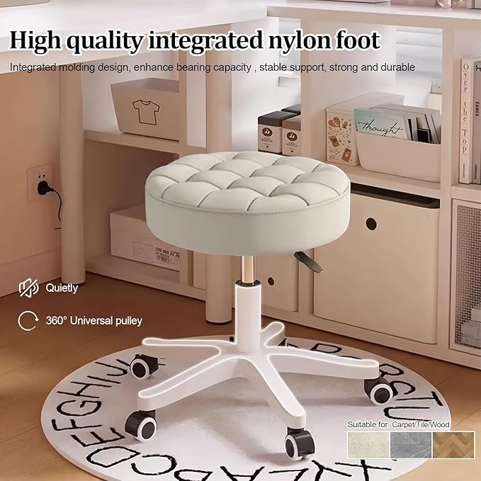 Small Rolling Stool with Wheels, PU Leather Height Adjustable Vanity Work Task Stool, 360 Swivel, Padded Seat Cushion,for Salon, Home, Office