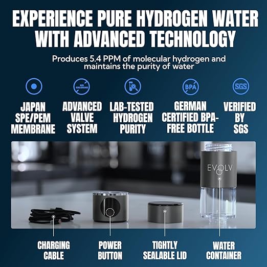 EVOLV Hydrogen Water Bottle Generator - SPE & PEM Water Ionizer 5PPM, Highest Concentrated Dose - 8oz Hydrogenated Water Bottle for Improved Energy & Inflammation Support - Convenient & Easy to Use