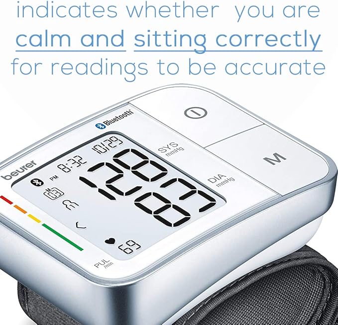 Beurer BC57 Wrist Blood Pressure Monitor – Automatic Wrist Blood Pressure Cuff - Bluetooth – 120 Memory Spaces with Irregular Heart Rate Detection, Large Display, Resting Indicator, Storage Case